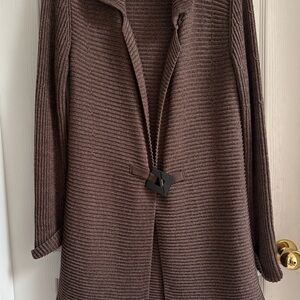 European designer Olsen; Brown Ribbed Cardigan with unique decorative closure